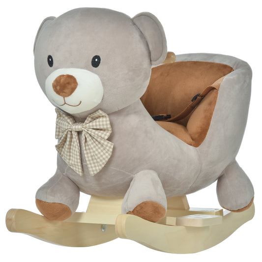 Kids Children Rocking Horse Plush Ride On Bear Seat w/ Sound Wood Base Seat Safety Belt Toddler Baby Toy Grey
