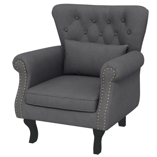 Chesterfield-style Accent Chair, Tufted Wingback Armchair with Pillow, Nailhead Trim for Living Room, Bedroom, Dark Grey