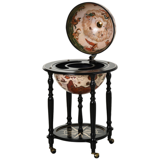 Unique Globe Drinks Cabinet Wood Frame 3 Compartments Bottles Glasses w/ Bottom Shelf 4 Wheels Elegant Antique Movable Safe Storage
