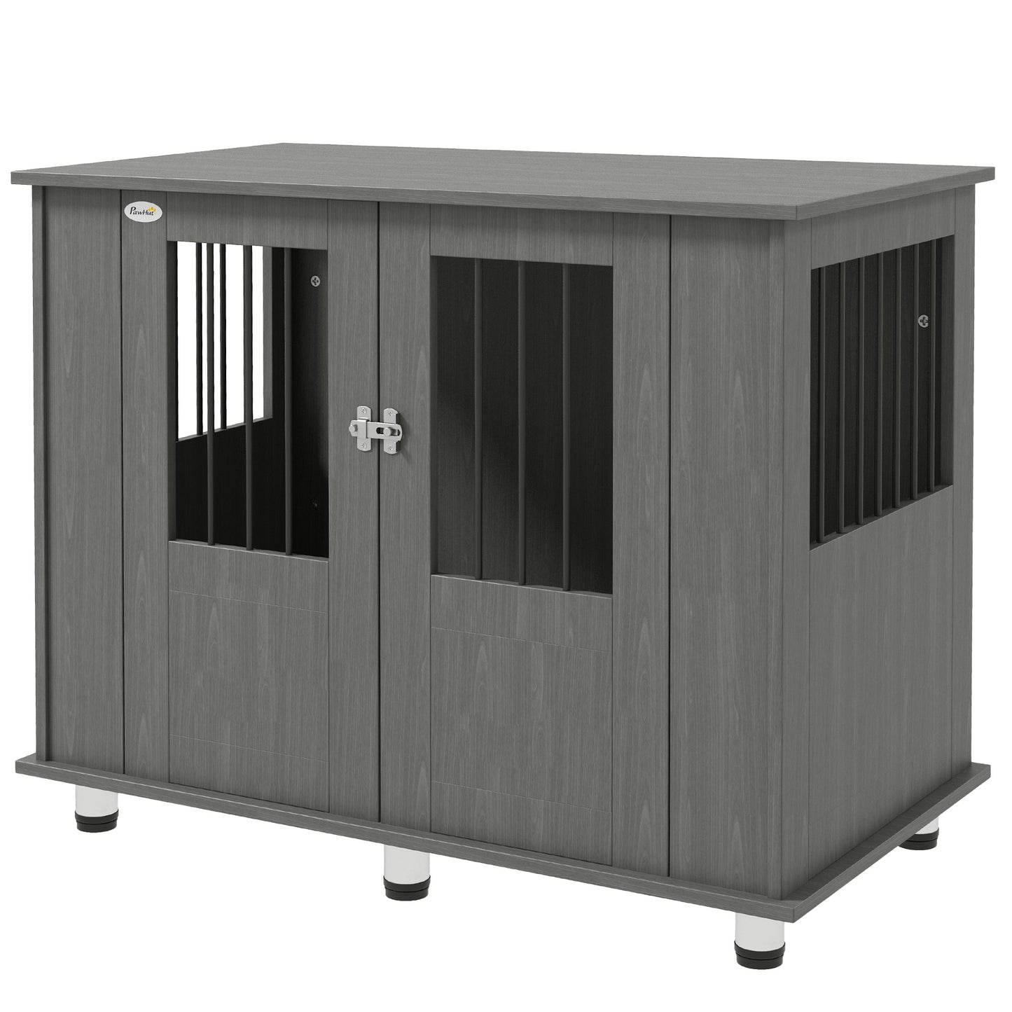 Dog Crate Furniture Side Table | Magnetic Door & Bolt | Elevated Base | Steel Bar Ventilation | Medium & Large Dogs up to 40kg | 100 x 55 x 80cm | Grey