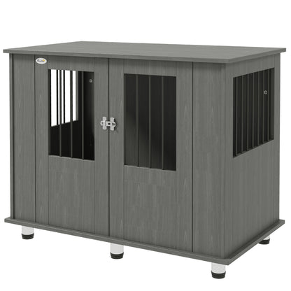 Dog Crate Furniture Side Table | Magnetic Door & Bolt | Elevated Base | Steel Bar Ventilation | Medium & Large Dogs up to 40kg | 100 x 55 x 80cm | Grey