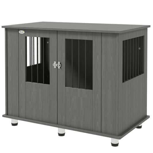 Dog Crate Furniture Side Table | Magnetic Door & Bolt | Elevated Base | Steel Bar Ventilation | Medium & Large Dogs up to 40kg | 100 x 55 x 80cm | Grey