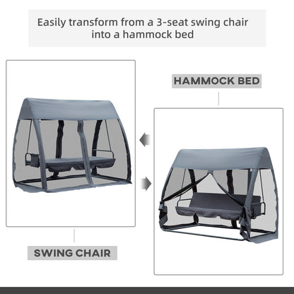 Outsunny 3 Seater Garden Swing Chair 2 in 1 Convertible Outdoor Rocking Bench Bed with Water-Resistant Roof, Zipped Door and Mosquito Netting, Grey