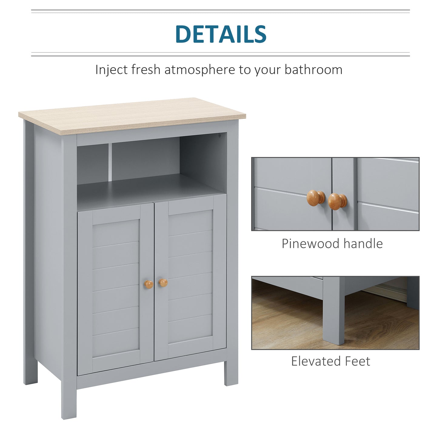 Kleankin Bathroom Floor Storage Cabinet Free Standing Unit with Compartment Adjustable Shelf Double-door Design, Free Standing Organizer, Grey