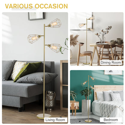 Retro Style Practical Tree Floor Lamp 3 Angle Adjustable Lampshade Steel Base for Living Room Bedroom Office Gold 165cm