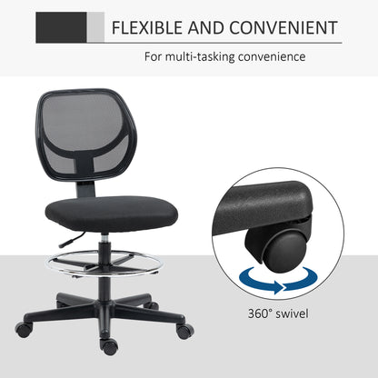 Ergonomic Draughtsman Chair for Standing Desk | Armless | Curved Mesh Back | Padded Seat | Adjustable Footrest Ring | Seat Height 50-70cm | 5 Wheels | 120kg | Black