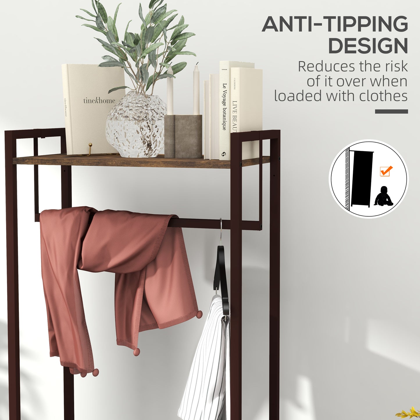 Free Standing Clothes Rail with 3 Fabric Drawers and Storage Shelves, Garment Rack, Hanging Rail for Hallway, Bedroom and Living Room, Rustic Brown