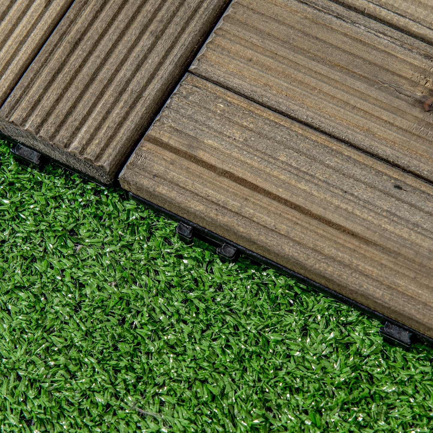 Outsunny 27 Pieces Wooden Interlocking Decking Tiles, Outdoor Flooring Tiles for Patio, Balcony, Terrace, Hot Tub, 30 x 30 cm per Piece, Charcoal Grey