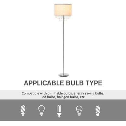 Modern Steel Floor Lamp with Crystal Pendant Fabric Lampshade Floor Switch, Home Style Standing Light, Silver and Cream White