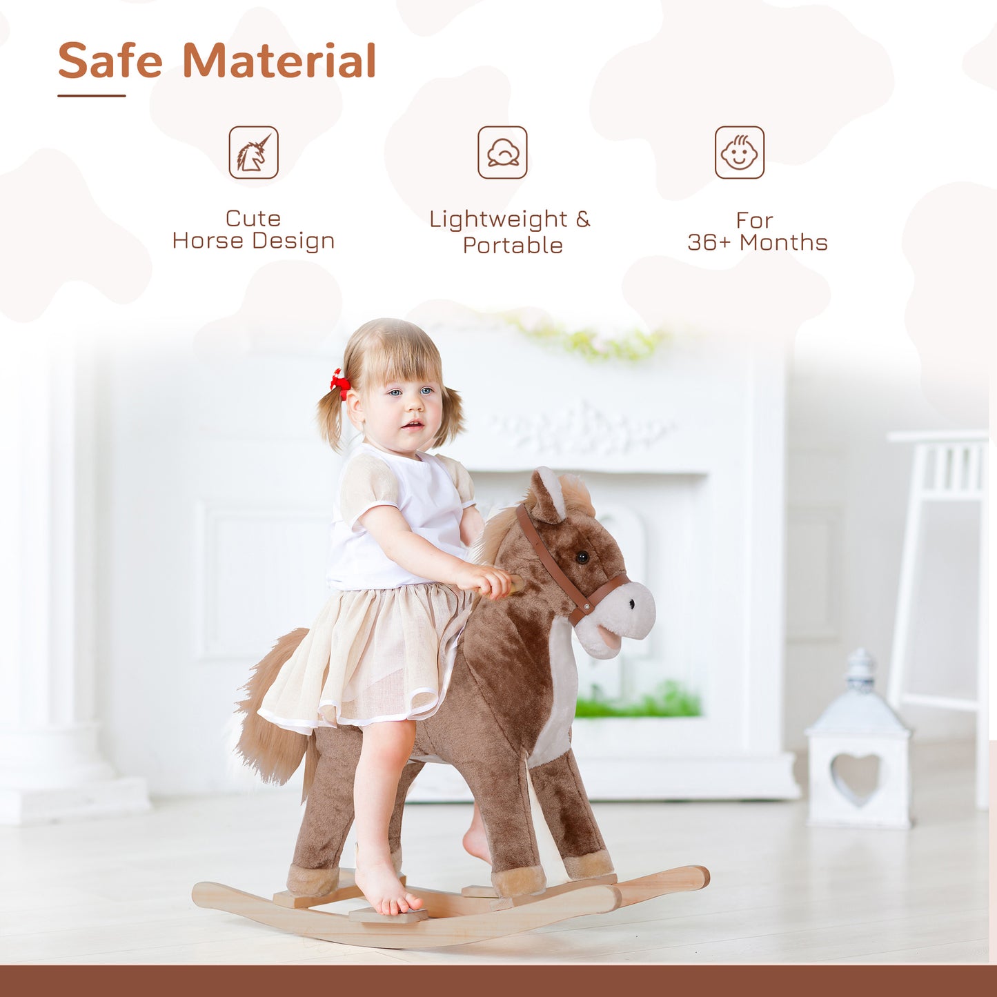 Kids Children Plush Rocking Horse Wooden Base Ride On Toy Rocker with Handle Grip Traditional Toy Fun Gift for Age 3+ (Brown & White)
