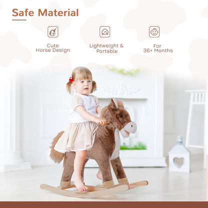 Kids Children Plush Rocking Horse Wooden Base Ride On Toy Rocker with Handle Grip Traditional Toy Fun Gift for Age 3+ (Brown & White)