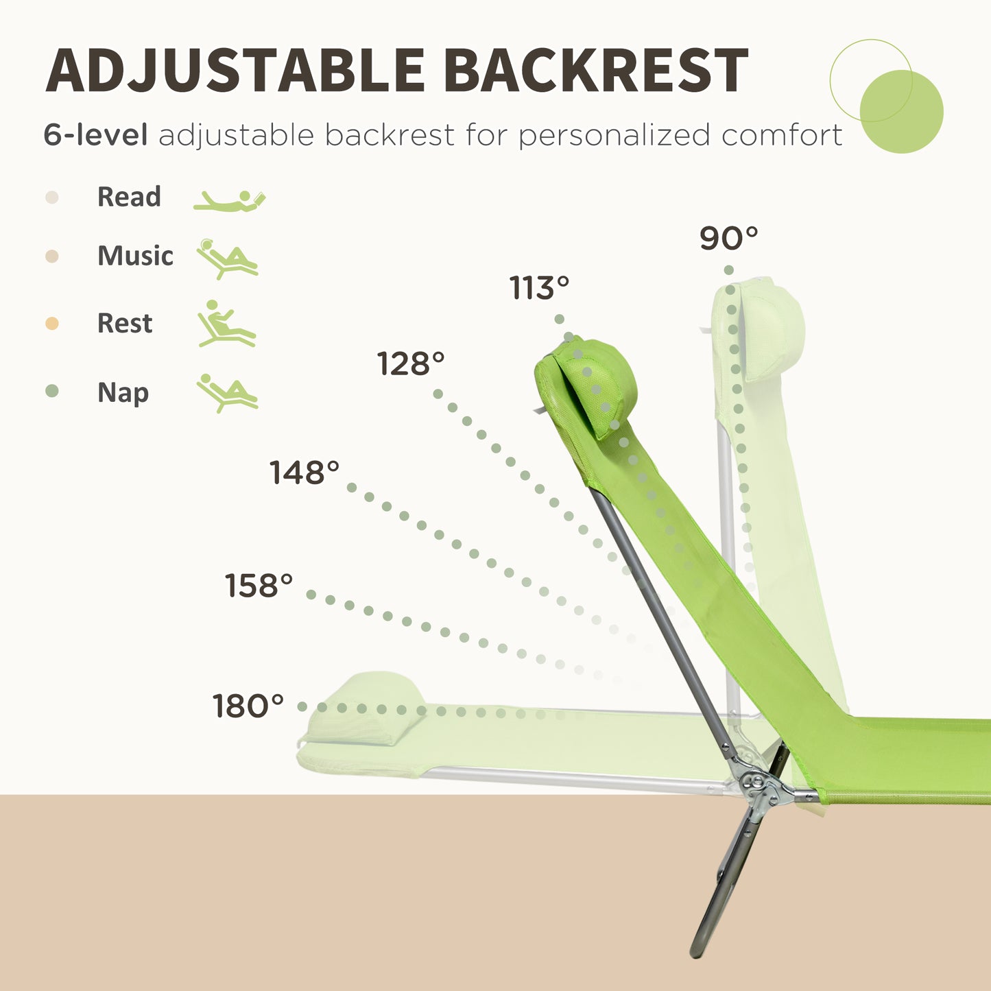 Outsunny Folding Sun Lounger Set of 2, Outdoor Day Beds with Pillow, Reclining Back, Steel Frame and Breathable Mesh for Beach, Yard, Patio, Green