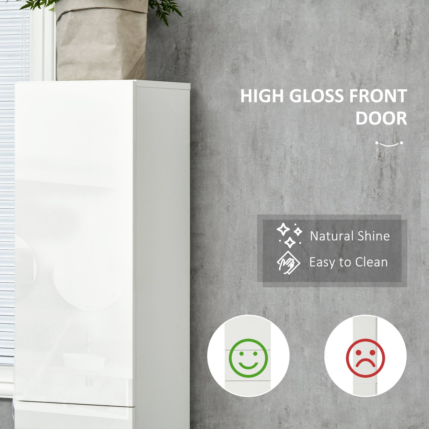 Kleankin Tall Bathroom Cabinet with Adjustable Shelves, High Gloss Storage Cupboard, Freestanding Tallboy with Storage Drawer, White