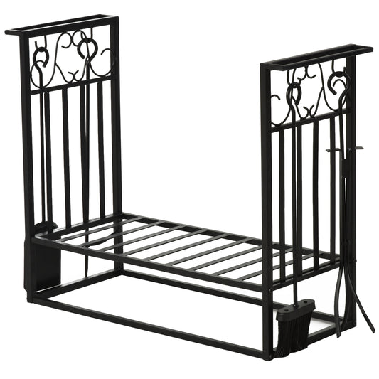 Vintage Style Powder Coated Steel Firewood Log Rack Holder w/ Shovel Broom Poker Tong Tools Hooks Indoor Outdoor Home Storage Black