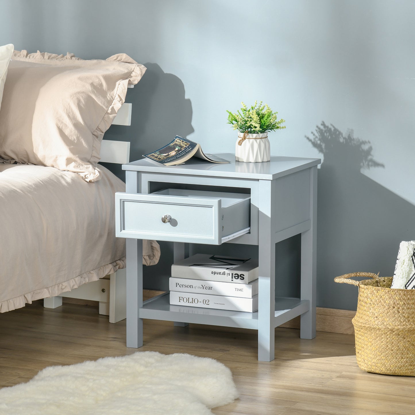 Bedside End Table Nightstand w/ Drawer Open Shelf Table Top Metal Handle Classic Home Stylish Furniture Grey
