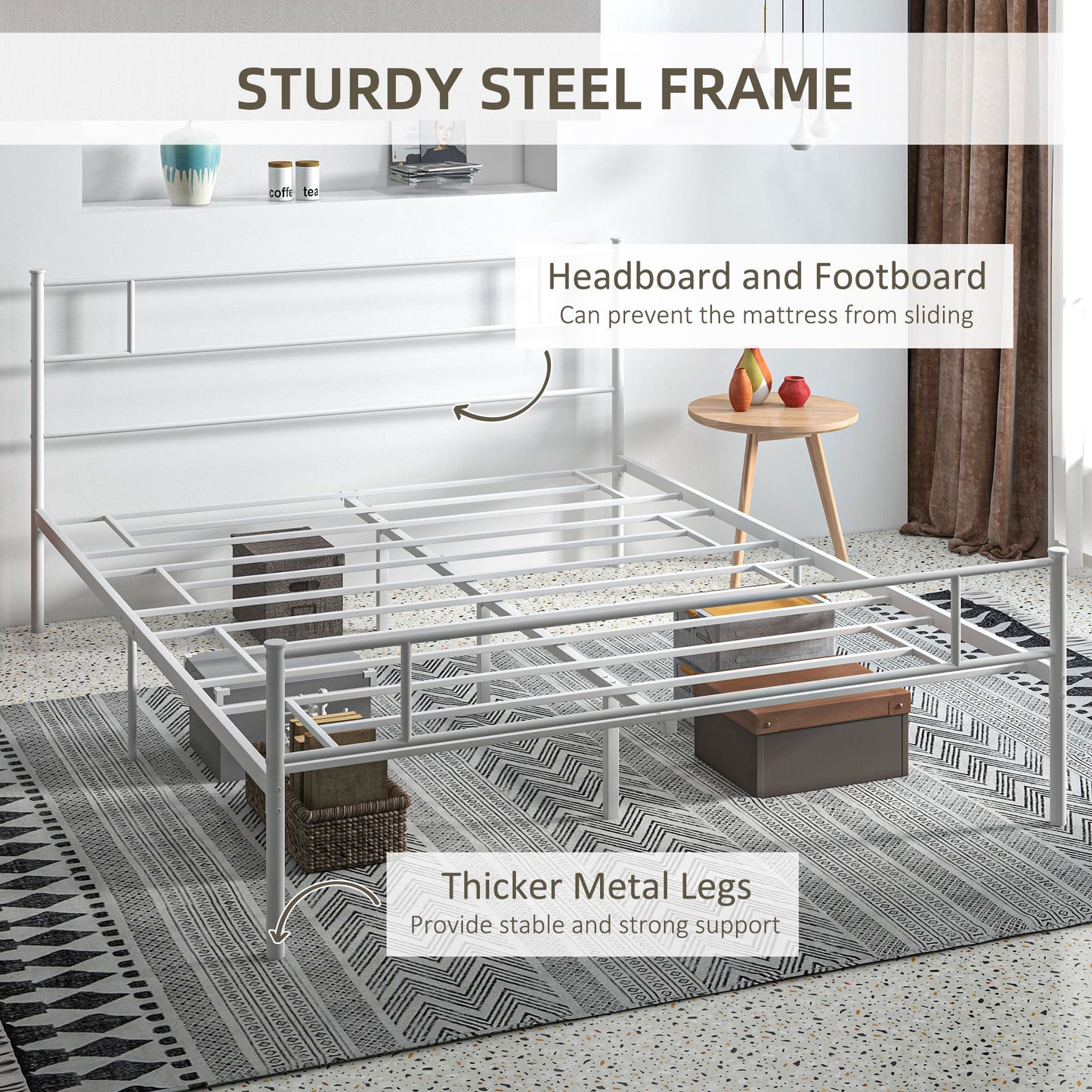King Bed Frame, Metal Bed Base with Headboard and Footboard, Metal Slat Support and 31cm Underbed Storage Space