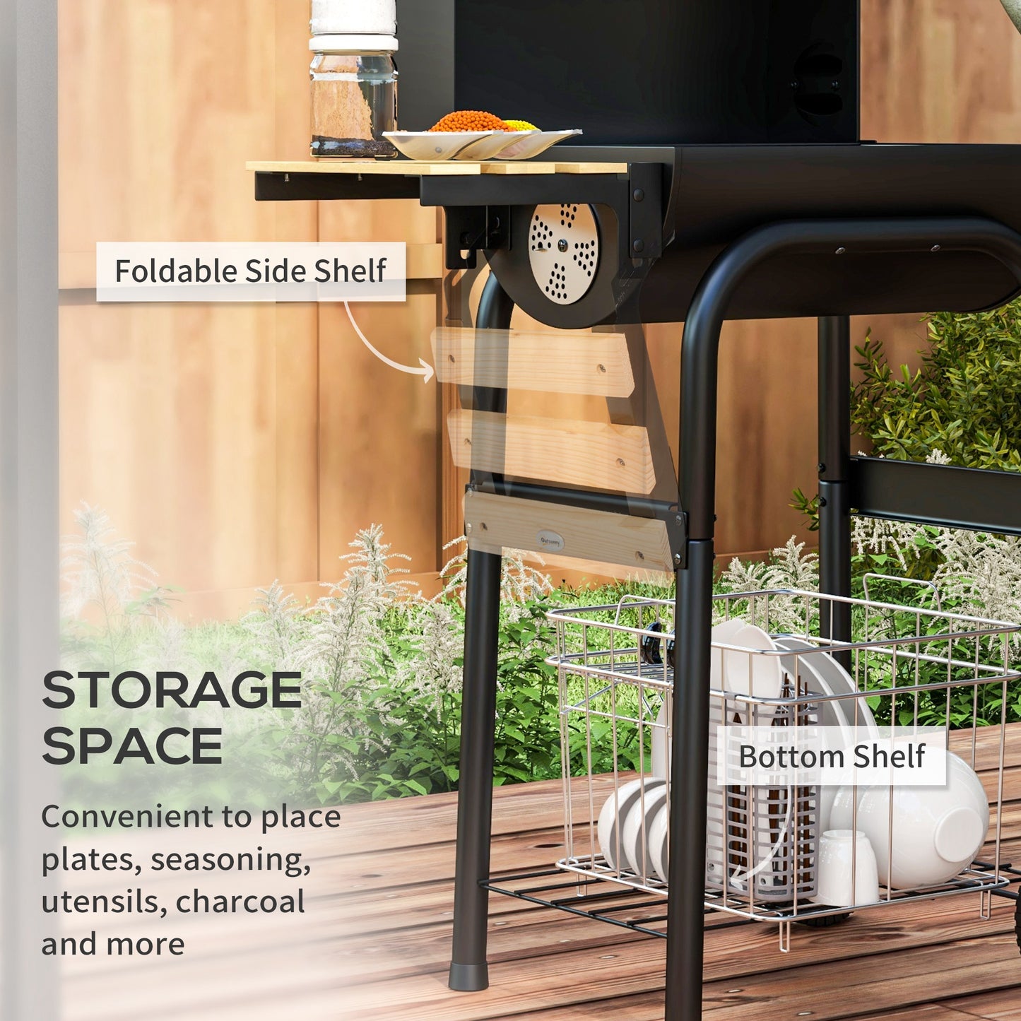 Outsunny Outdoor Wheeled Charcoal Barbecue Grill Trolley with Shelves, Black