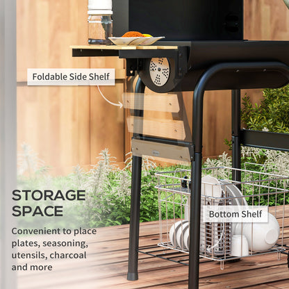Outsunny Outdoor Wheeled Charcoal Barbecue Grill Trolley with Shelves, Black