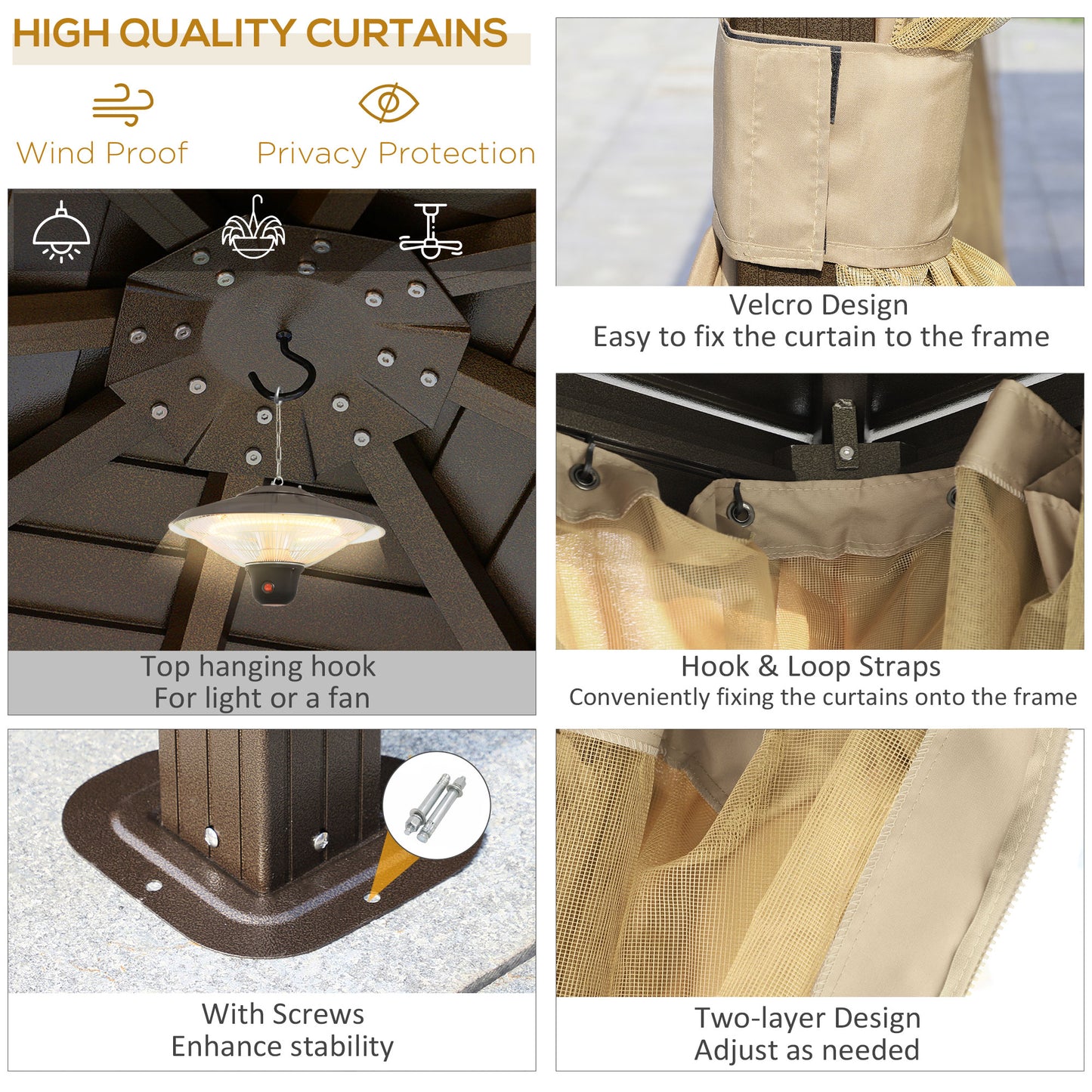 Outsunny 3 x 3 M Garden Lawn Patio Hard Top Metal Roof Gazebo Canopy Shelter With Netting And Curtains Aluminium Frame - Bronze Tone