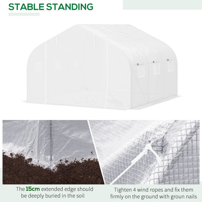 Outsunny Walk-In Tunnel Greenhouse with Replacement Cover, Outdoor Growhouse with PE Cover, Roll Up Door and 6 Windows, 4.5 x 3 x 2 m, White
