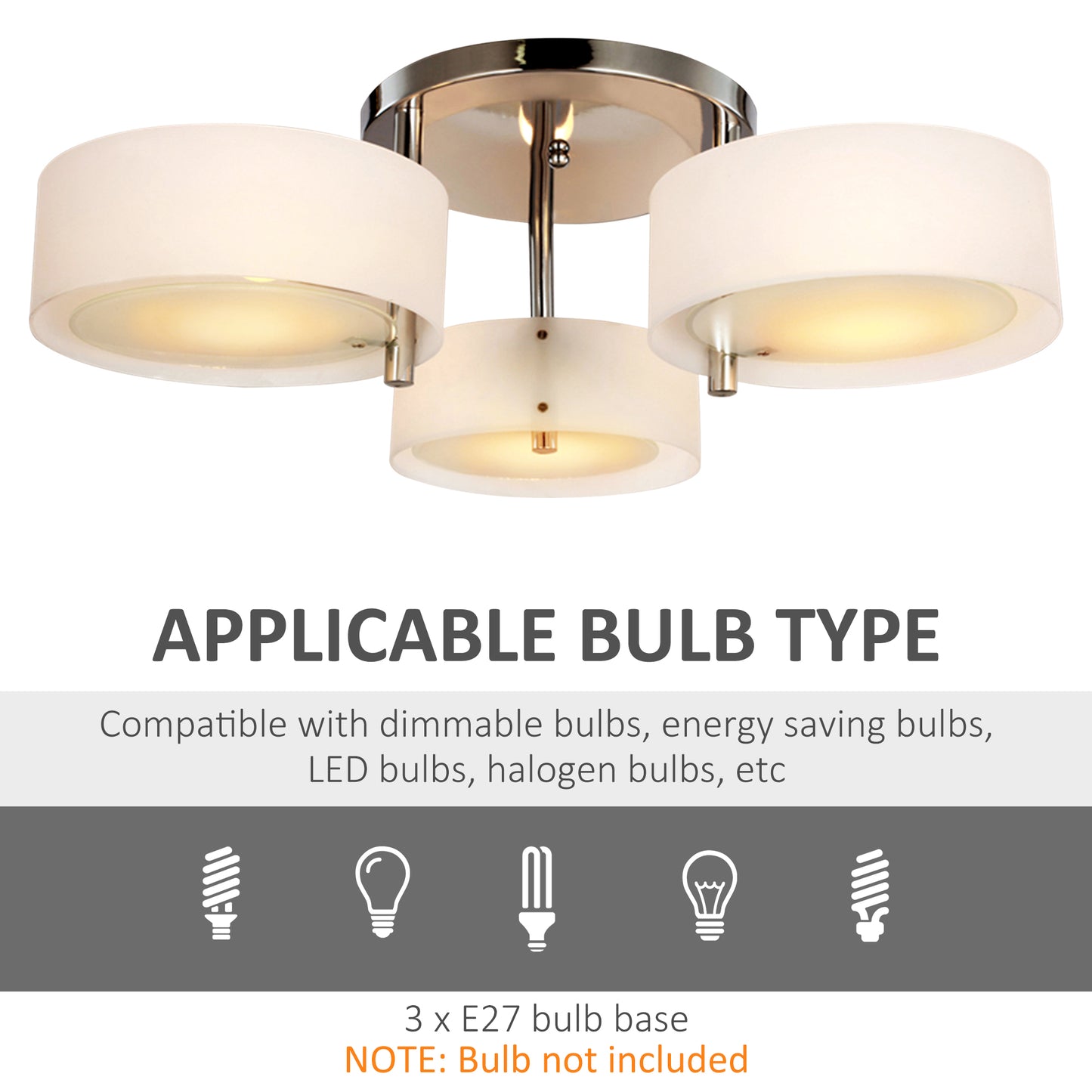Acrylic Lamp Indoor 3 Light Pendant Chandelier Flush Mount Office Living Room Bedroom w/ Chrome Finish