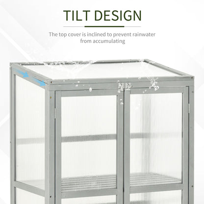 Outsunny Wooden Cold Frame Greenhouse Garden Polycarbonate Grow House w/ Adjustable Shelf, Double Doors, 76 x 47 x 110 cm, Grey