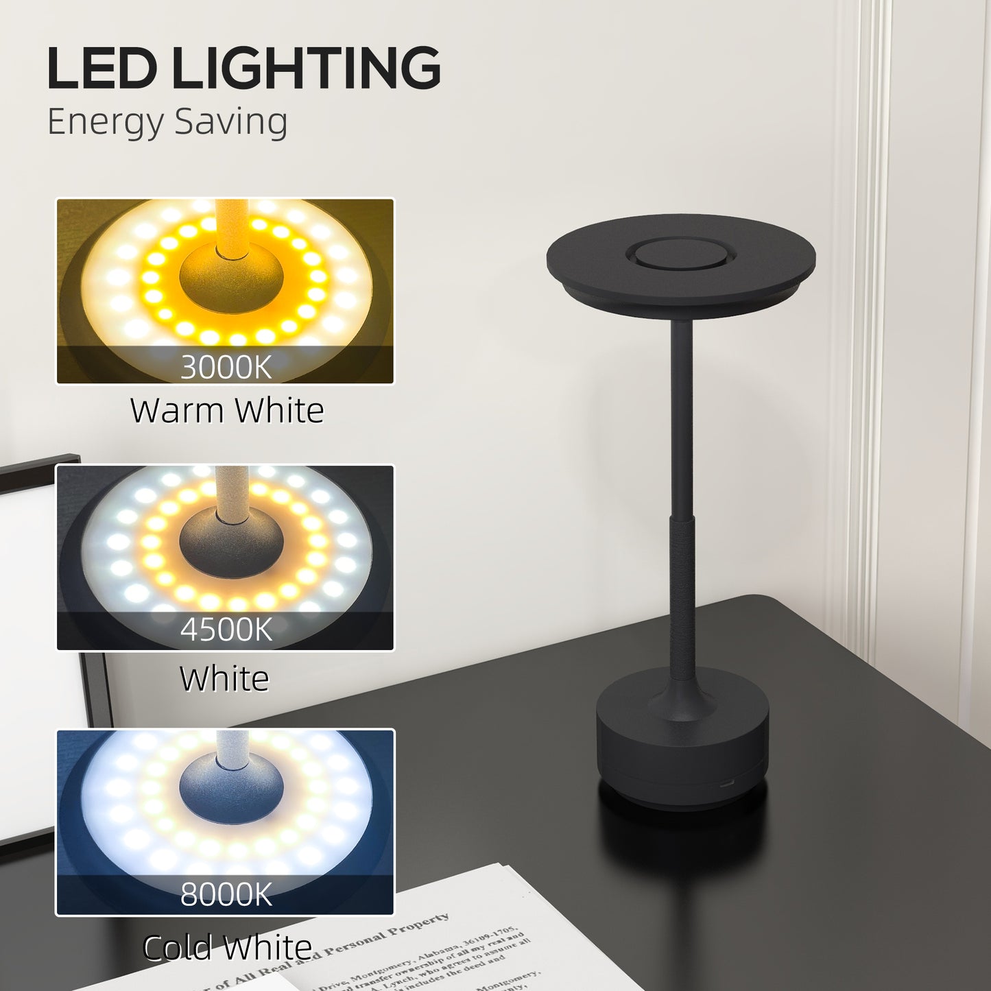 Cordless Table Lamp, Touch LED Desk Lamp with 4000mAh Rechargeable Battery, 3 Colour, for Bedroom Living Room, Black