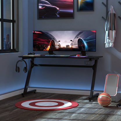 Gaming Desk Steel Frame with Cup Holder, Headphone Hook, Adjustable Feet and Cable Organiser, Home Office Computer Table, Black