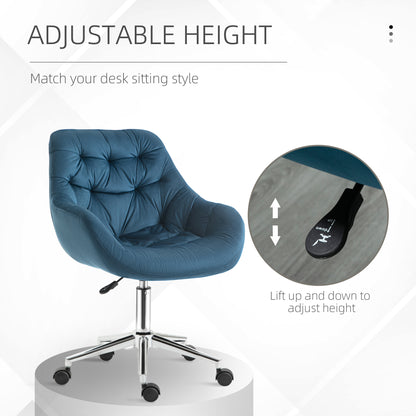 Velvet Office Chair | Button Tufted Curved Design | Padded Back & Armrests | 360° Swivel | 5 Wheels | Height Adjustable 44-54cm | 120kg | Blue