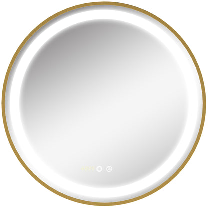 Kleankin Round Illuminated Bathroom Mirrors Dimmable LED Lighted Wall Mount Mirror w/ 3 Colours, Time Display, Memory Function, 60cm