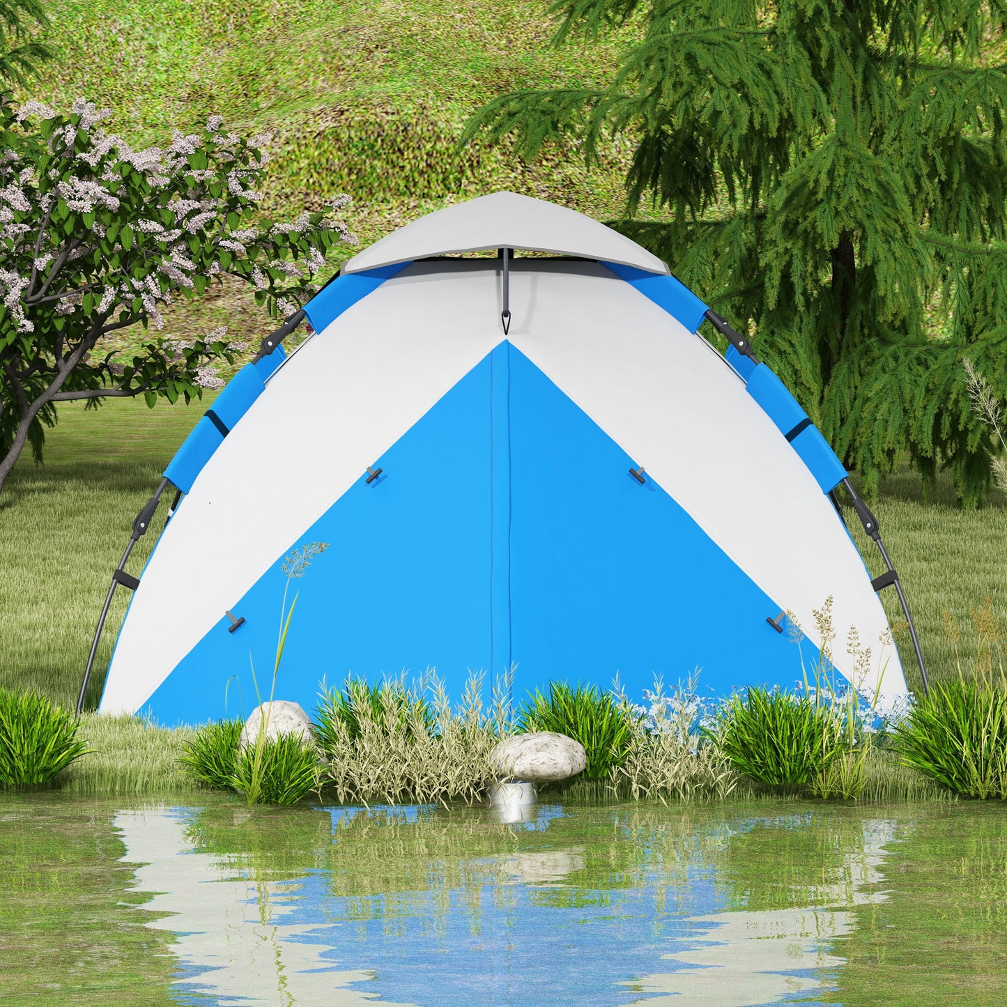 Outsunny 3-4 Man Camping Tent, Family Tent, 2000mm Waterproof, Portable with Bag, Quick Setup, Blue