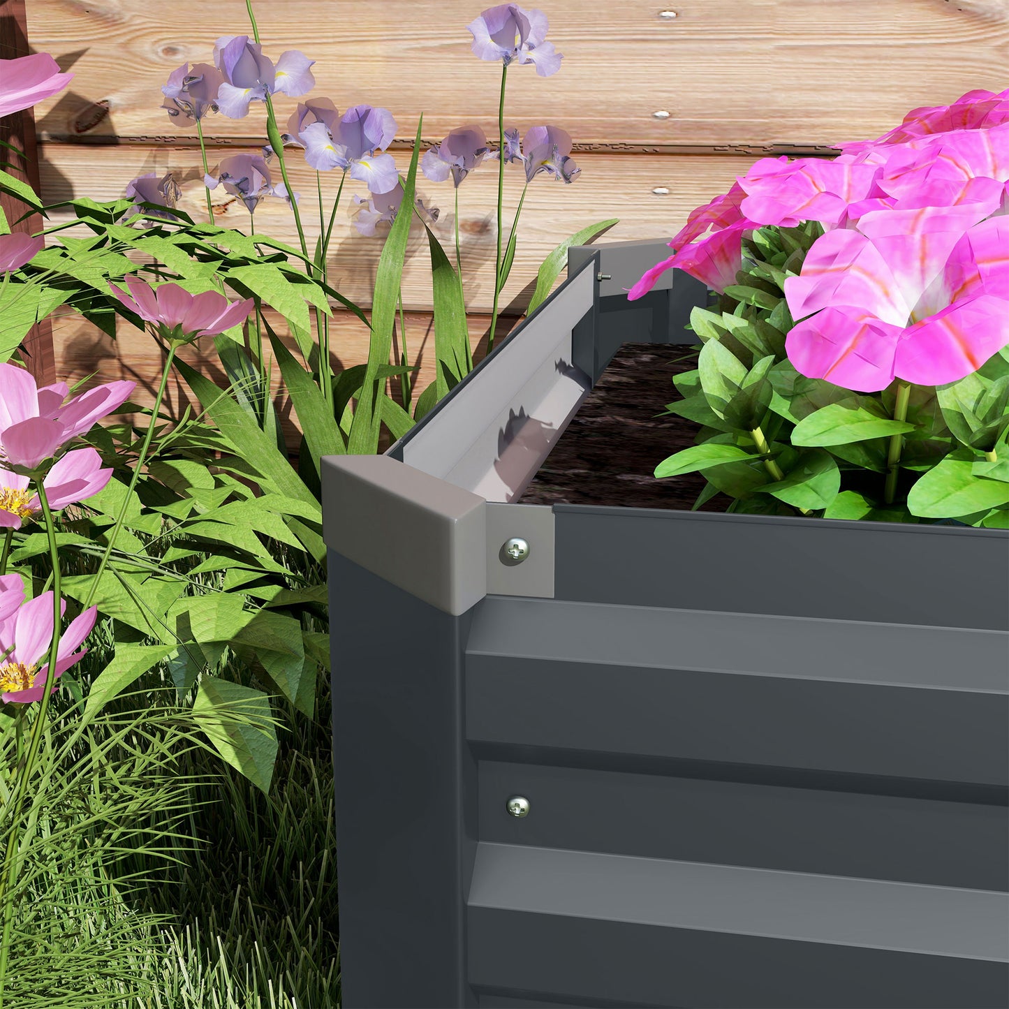 Large Galvanised Steel Raised Garden Bed | Powder-Coated | Open Bottom | Interior Support Brackets | 4 Protective Corners | Flat Safe Top | 240x60x30cm | Flowers Herbs & Veg | Dark Grey