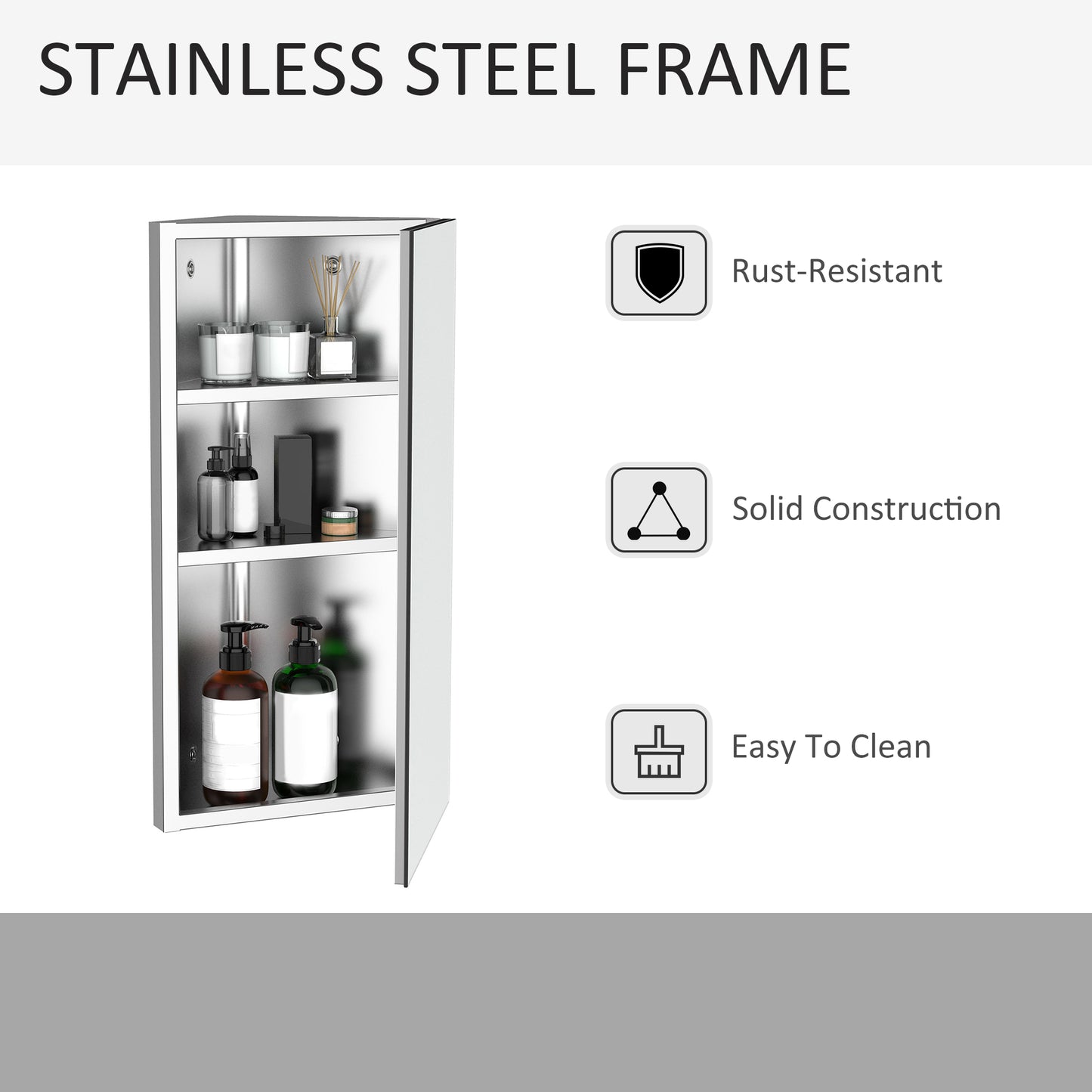 Mirror Cabinet for Bathroom Mirror Cupboard Corner Stainless Steel Wall mounted Single Door 300mm (W)