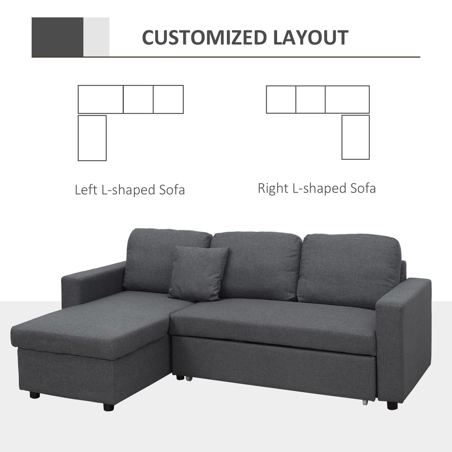 3 Seater Corner Sofa Bed with Storage, L Couches for Living Room with Chaise Lounge, Double Sofa, Grey