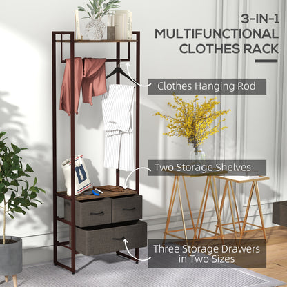 Free Standing Clothes Rail with 3 Fabric Drawers and Storage Shelves, Garment Rack, Hanging Rail for Hallway, Bedroom and Living Room, Rustic Brown