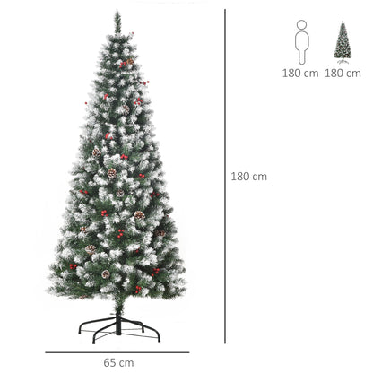 6FT Prelit Christmas Tree Xmas Pencil Tree with Red Berries and Pinecones Holiday Home Indoor Decoration with Foldable Feet, Green