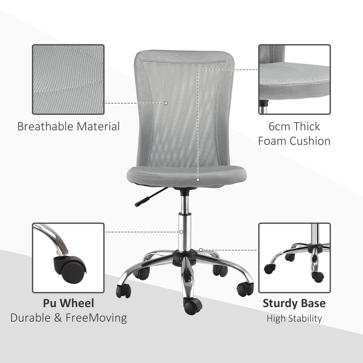 Armless Mesh Office Chair | 360° Swivel | Adjustable Height 46-56cm | Curved Mesh Back | Thick Sponge Seat | 120kg | Compact Space Saving | Grey
