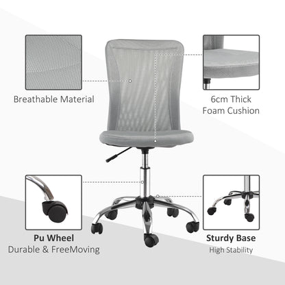 Armless Mesh Office Chair | 360° Swivel | Adjustable Height 46-56cm | Curved Mesh Back | Thick Sponge Seat | 120kg | Compact Space Saving | Grey