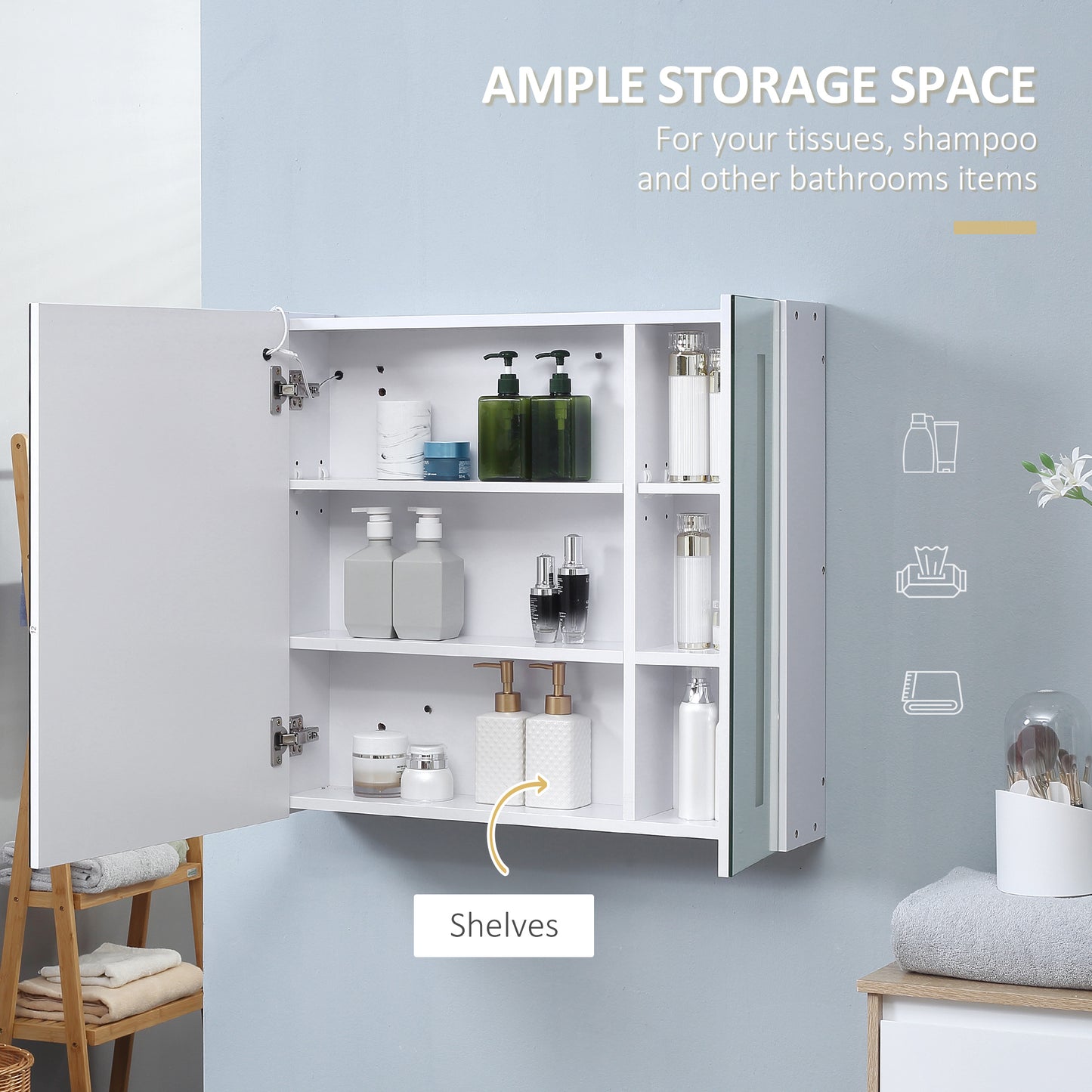 Kleankin Wall Mounted Bathroom Cabinet w/ LED Lights, Illuminated Bathroom Mirror Cabinet w/ Adjustable Shelf, Touch Switch, USB Charge, White