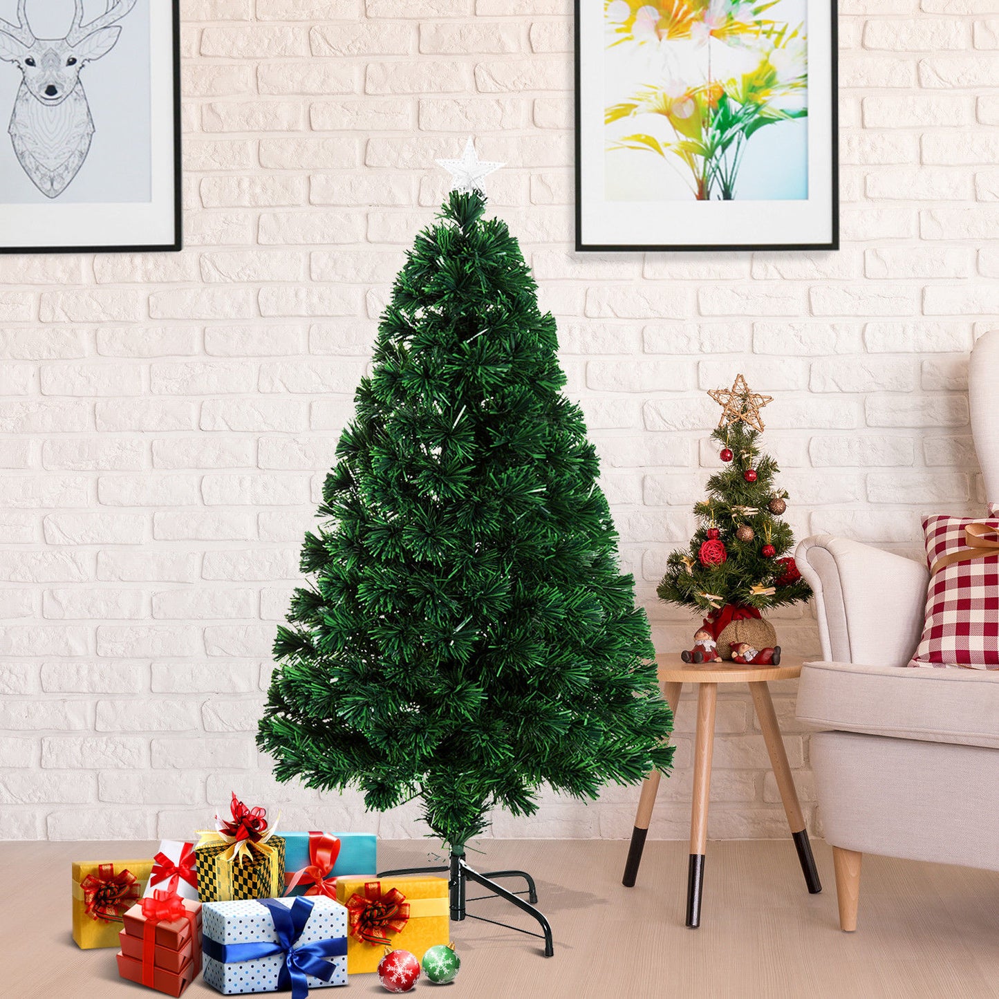 Prelit Christmas Tree Artificial Tree, Metal Base, Pre-Lit, 1.2m