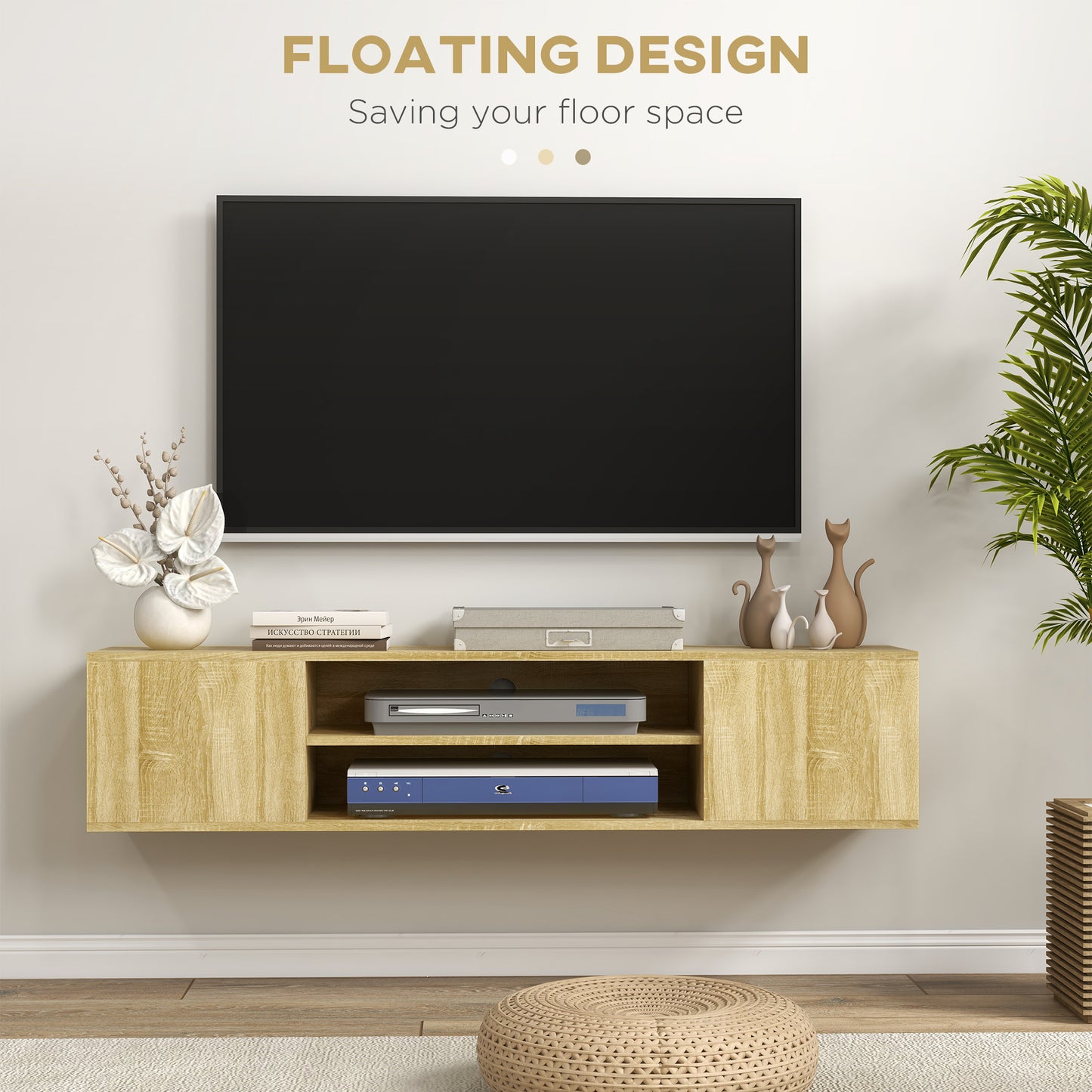 Floating TV Stand Cabinet for TVs up to 60", Wall Mounted TV Unit with Open Shelf, Storage Cupboards and Cable Management