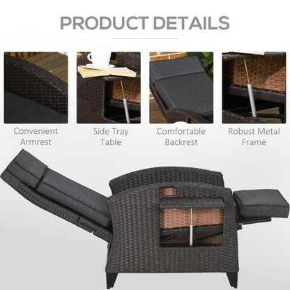 Outsunny Outdoor Recliner Chair with Adjustable Backrest and Footrest, Cushion, Side Tray, Grey