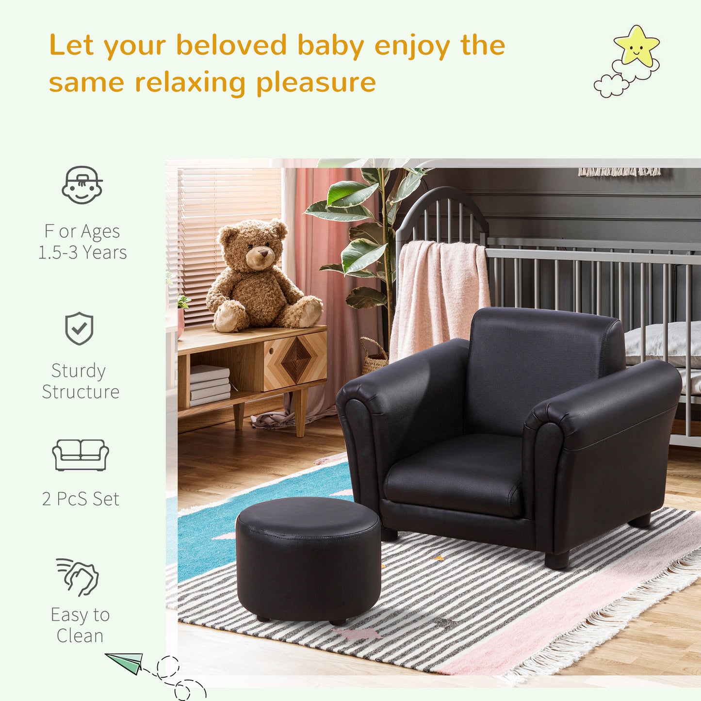 #Children Armchair W/Footstool-Black