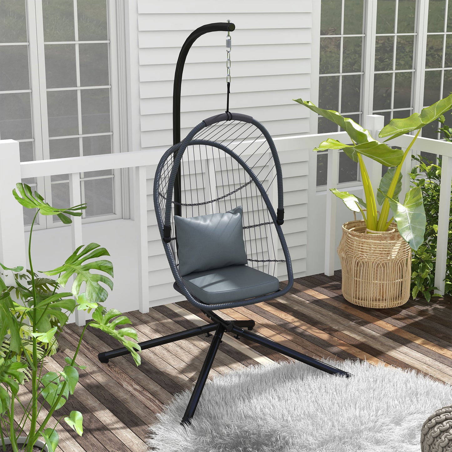 Outdoor PE Rattan Patio Hanging Swing Chair With Cushion, Foldable Basket With Metal Stand, 360° Rotation Spring Hook - Grey