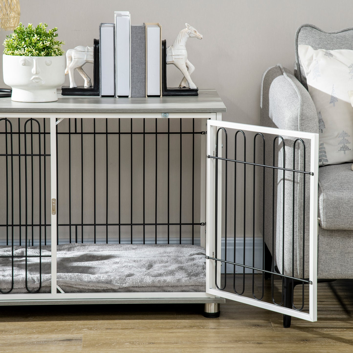 Dog Crate Furniture Side Table | Washable Cushion | Lockable Door | Steel Wire Ventilation | Small & Medium Dogs up to 20kg | 90 x 58 x 62.5cm | Graphite