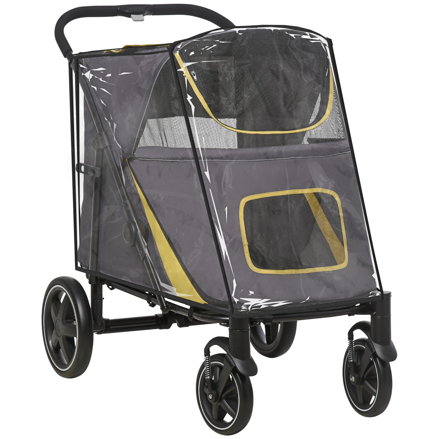 PawHut One-Click Foldable Pet Travel Stroller with Rain Cover, Cat Dog Pushchair with Front Wheels, Shock Absorber, Storage Bags, Mesh