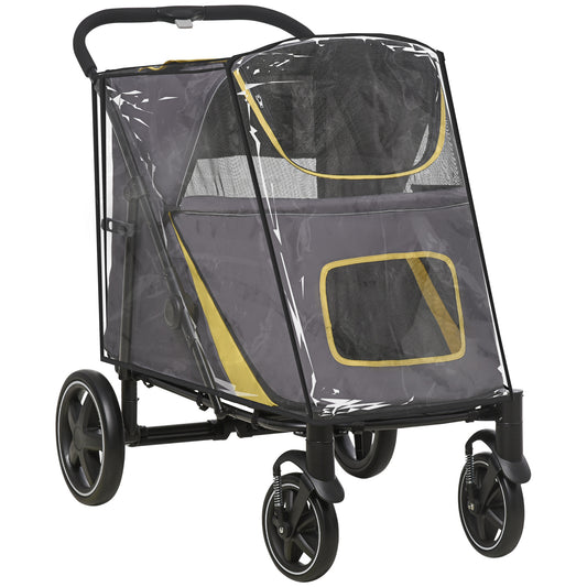PawHut One-Click Foldable Pet Travel Stroller with Rain Cover, Cat Dog Pushchair with Front Wheels, Shock Absorber, Storage Bags, Mesh