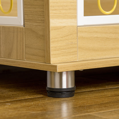 Dog Crate Furniture Side Table | Soft Cushion | Double Doors | Steel Wire Ventilation | Medium & Large Dogs up to 25kg | 90 x 58 x 65cm | Oak Tone & Beige