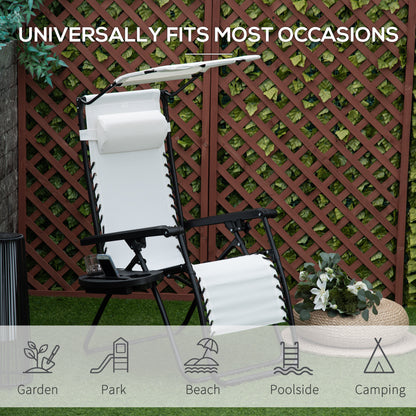 Zero Gravity Garden Deck Folding Chair Patio Sun Lounger Reclining Seat with Cup Holder & Canopy Shade - White