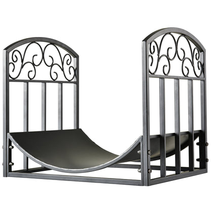 Outsunny Wrought Iron Inner Arced Wood Log Holder Indoor Outdoor Storage Shelf w/ Elegant Scrolls Rust-Resistant Stacker Black